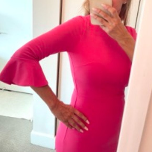 DONNA MORGAN FOR MAGGY Ruffle Crepe Sheath Dress IN STRAWBERRY COLOR - Picture 3 of 6